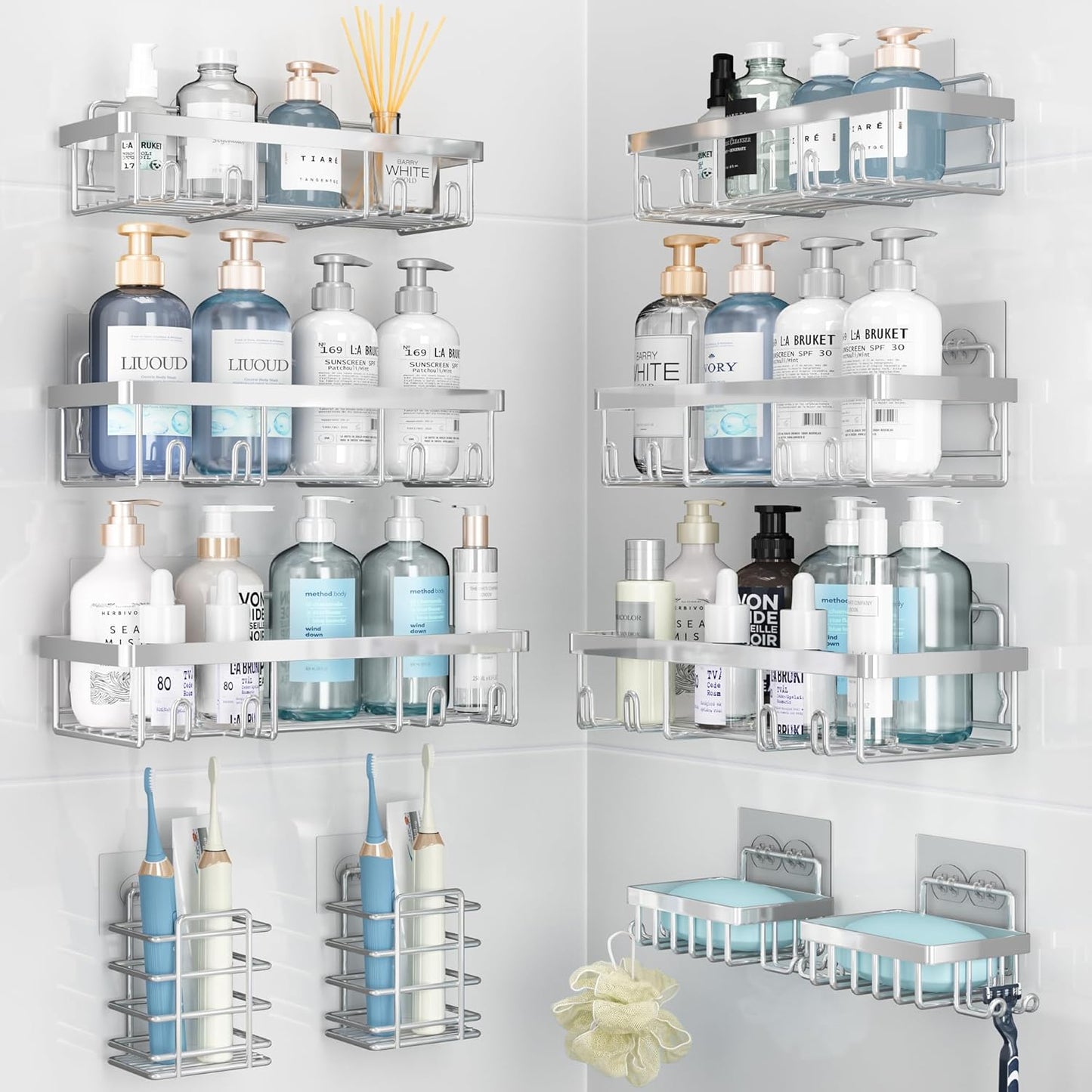 10 Pack Shower Caddy Organizer Rack Shelf for Inside Shower, Self Adhesive Wall Storage Basket Rustproof Stainless Steel Shampoo Holder Bathroom Accessory Decor Set, Silver