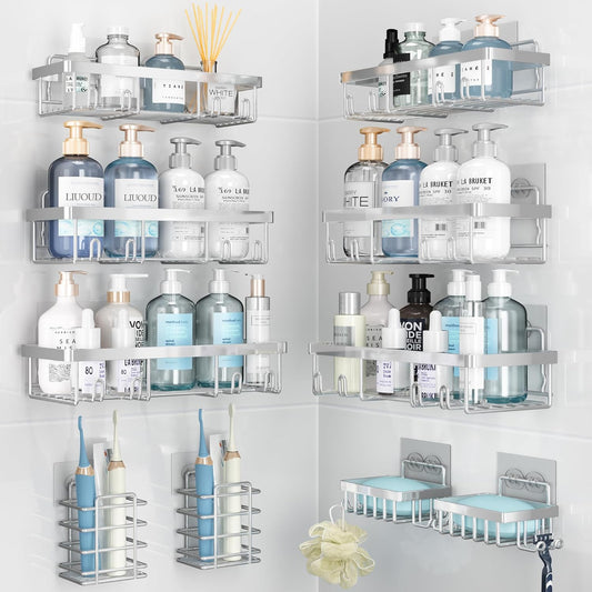 10 Pack Shower Caddy Organizer Rack Shelf for Inside Shower, Self Adhesive Wall Storage Basket Rustproof Stainless Steel Shampoo Holder Bathroom Accessory Decor Set, Silver