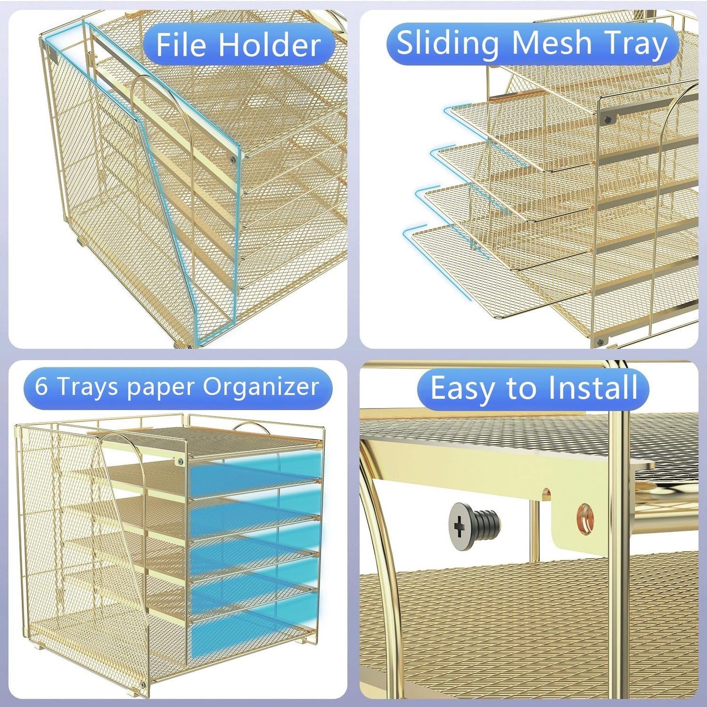 gianotter Desk Organizers and Accessories, 6-Tier Paper Organizer with Magazine rack, File Organizer for Desk, Office Accessories & Workspace (Gold)