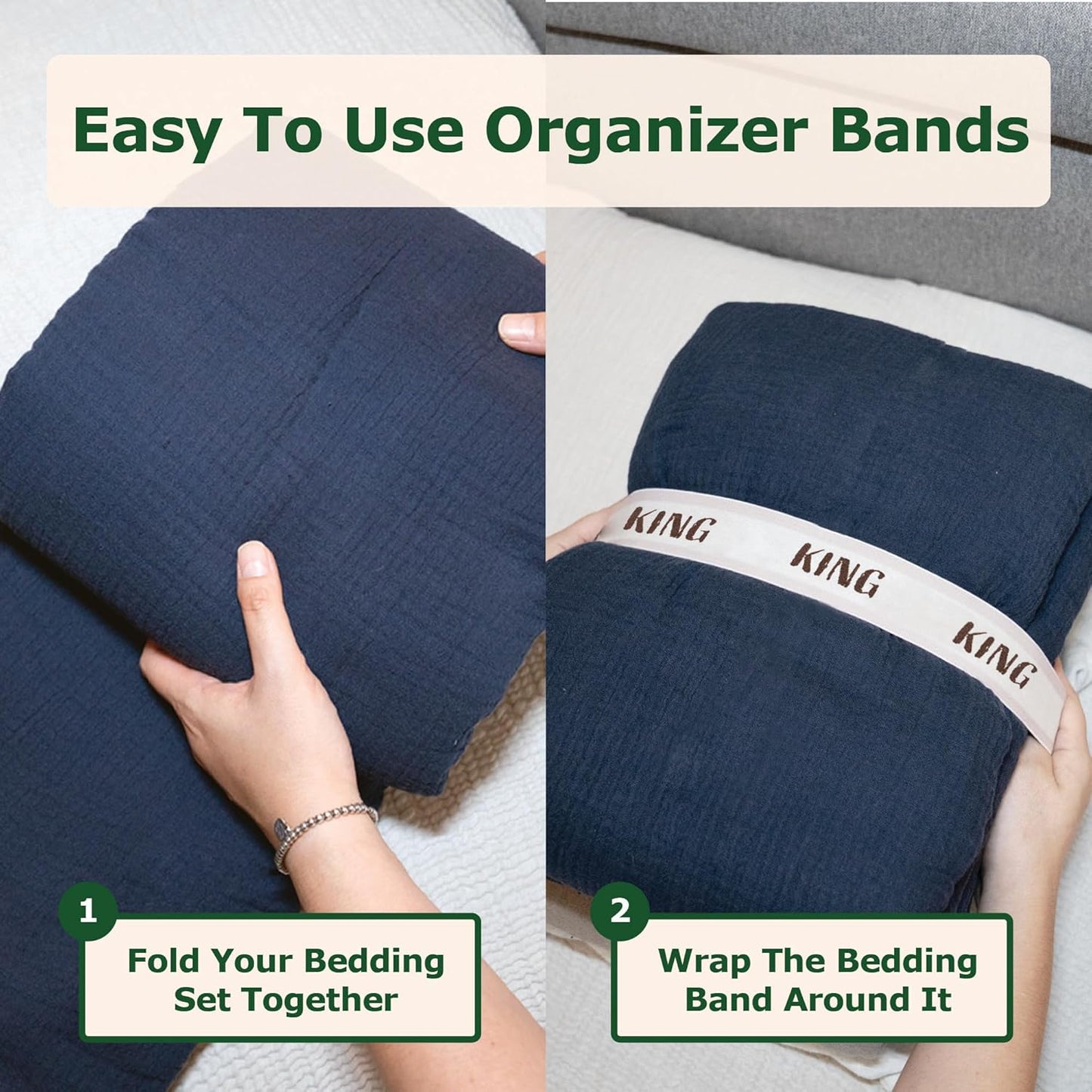 ECOHomes Bed Sheet Organizer and Storage Size Label Bands | Bed Sheets Set Organizers for Linen Closet Organization - Elastic Bedding Band Labels for Organizing Bedsheet (King 2PCs Pack | Cream)