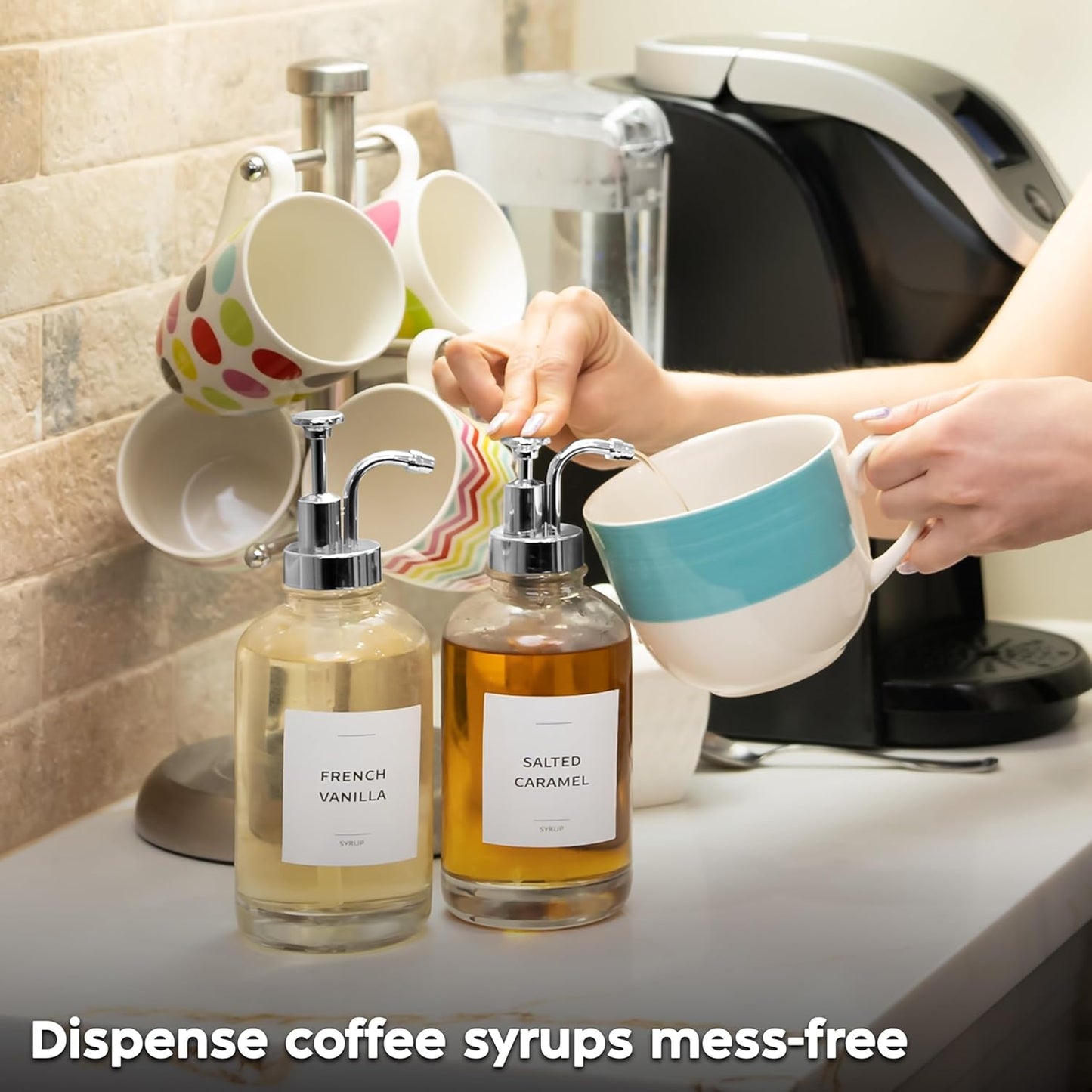 Coffee Syrup Dispenser with Pump - Includes 24 Flavor Labels - Glass Syrup Dispenser for Coffee Bar - Elevate your Beverage Station with 16.9 fl oz Flavoring Container Bottles, 4pcs, Silver