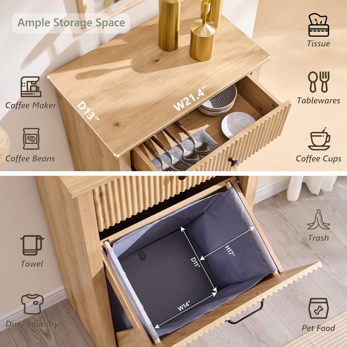 Modern Tilt-Out Laundry Hamper Cabinet, 10 Gallon Fluted Trash Can Cabinet with Drawer, Wooden Hidden Garbage Can Cabinets with Laundry Basket, Free Standing for Bathroom & Kitchen, Natural Oak