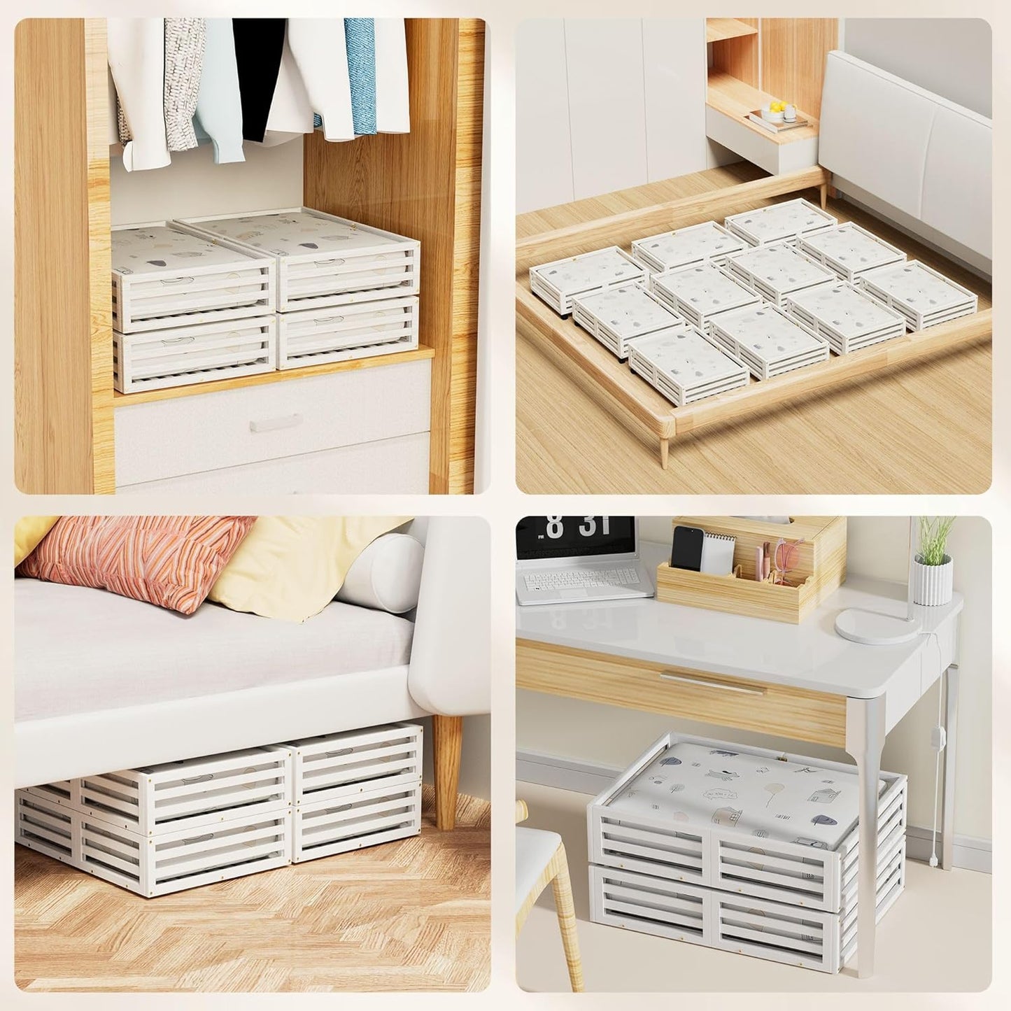 Bamboo Under Bed Storage Containers- Underbed Organizer with Wheels with Large Capacity Dust Bag,Sturdy Wood Rolling Under Bed Shoe Storage Organizer 2 Packs (White, 2 Packs (23.62"×16.54"))