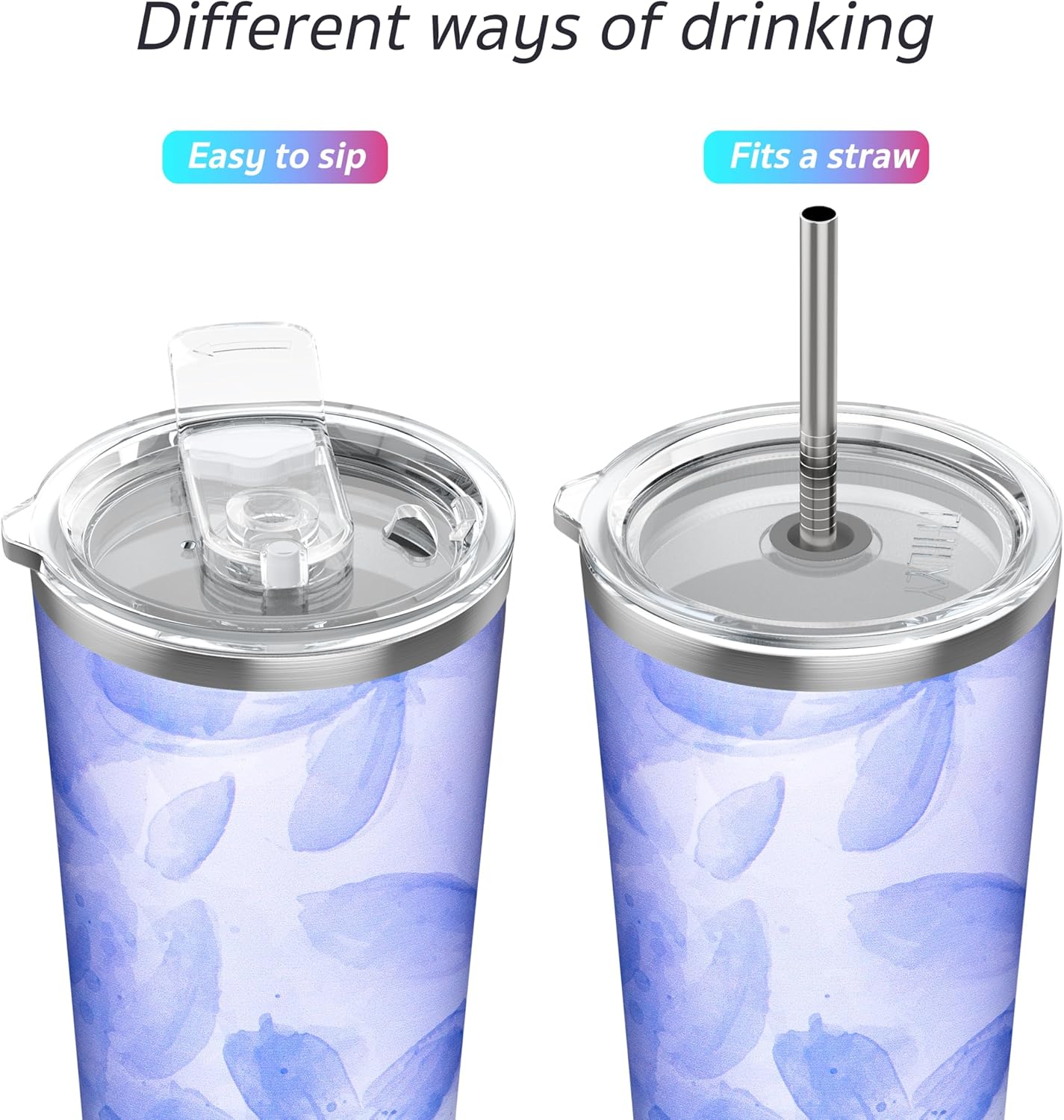 THILY Stainless Steel Vacuum Insulated Tumbler Travel Mug 26 oz Coffee Cup with 2 Lids and Straws, Splash Proof, Keep Ice Drinks Cold, Violet Leaves
