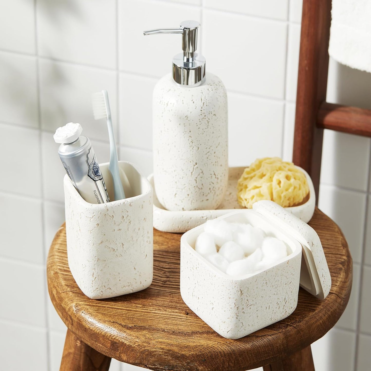 4-Pieces Bathroom Accessory Set Hight Quality Polyresin Ensemble-Lotion Dispenser/Toothbrush Holder/Cotton Jar/Soap Dish, Cream Color