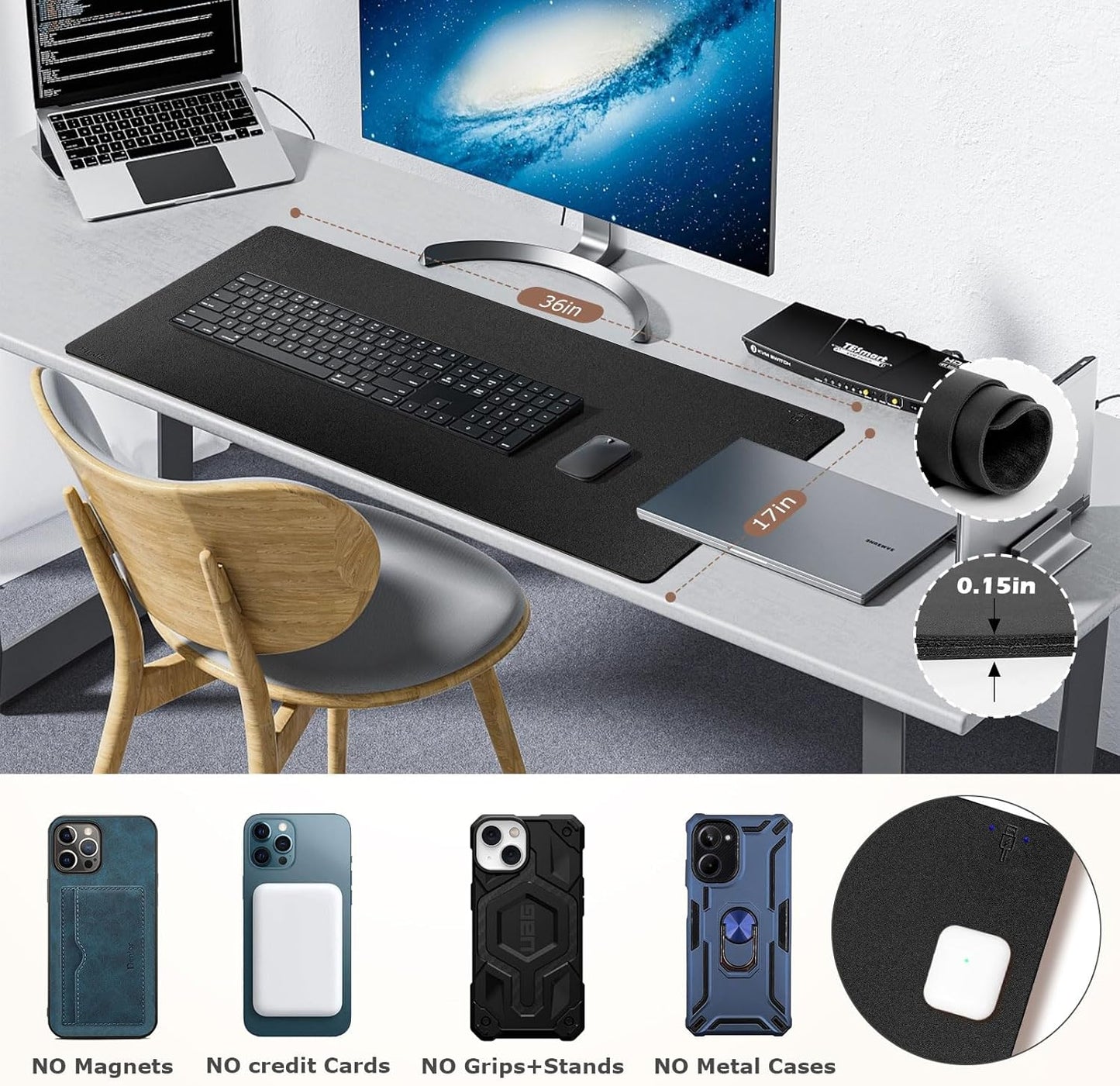 Wireless Charging Mouse Pad Firelison 2 in 1 Leather Multifunctional Office Desk Pad with Non-Slip Rubber Base, Waterproof Desk pad for Computers/Office/Work/Home/Decor（ 36" x 17"Black - R）