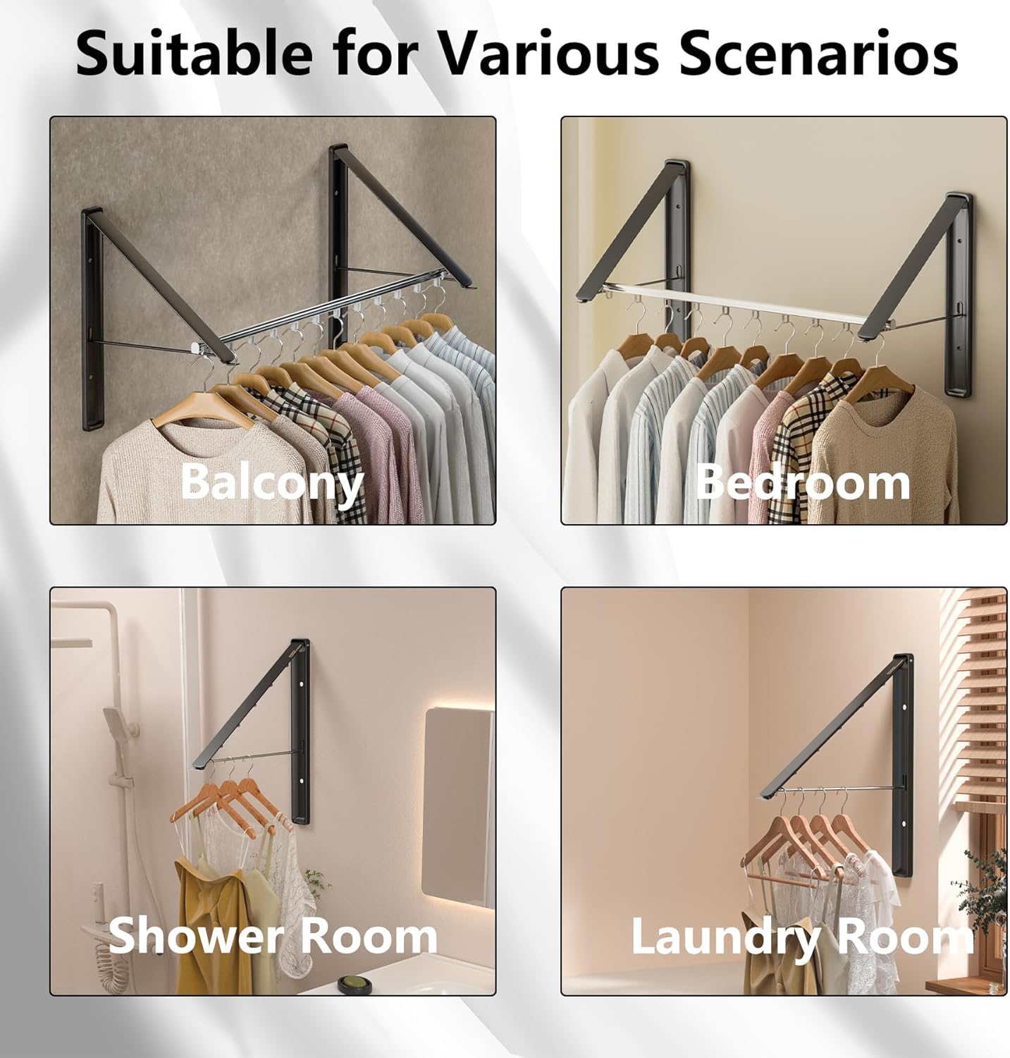 Dr.DJ Clothes Drying Rack with Rod, Wall-Mounted Retractable & Foldable Clothes Hanger for Laundry Room Organization and Storage, Metal Clothes Hanger Rack for Dorm, Closet, Balcony 2Rack, 1Rod Black