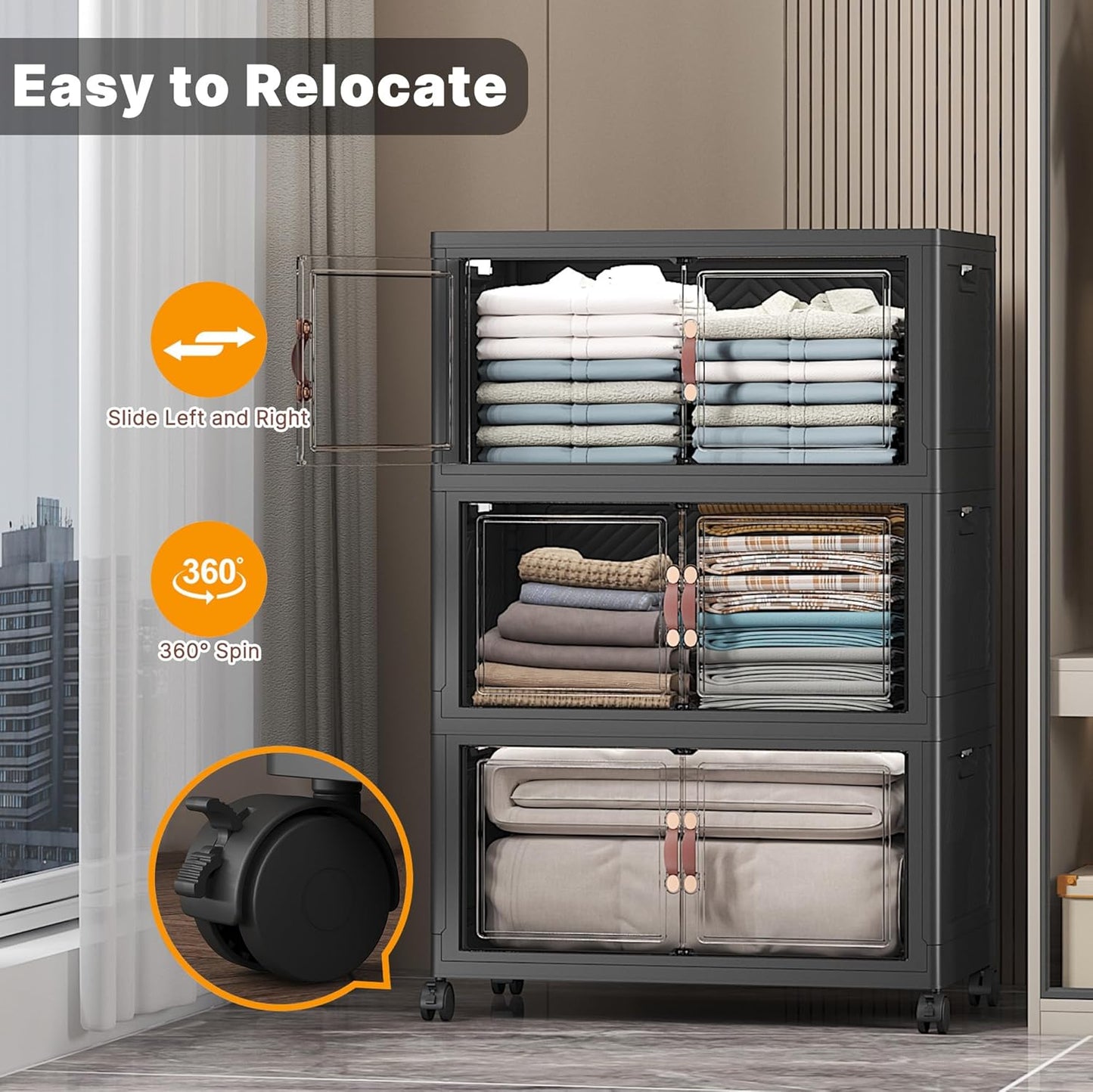 Extra Large Stackable Storage Bins with Lids & Wheels & Door, 336QT-112QT/28GAL*3Pack Foldable Collapsible Closet Organizers, Plastic containers drawers for bedroom Dorm