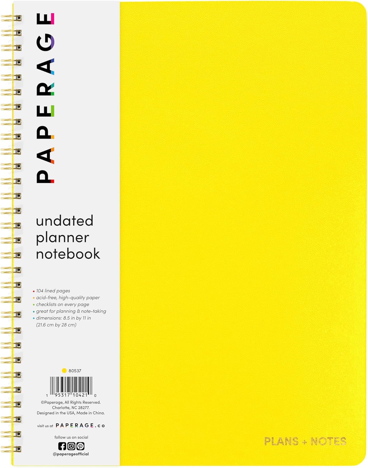 PAPERAGE Undated Daily Planner Notebook (Yellow), 8.5 in x 11 in, Spiral Bound To Do List & Schedule Planner, 104 Lined Pages for Plans & Notes