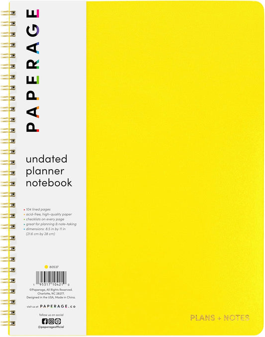 PAPERAGE Undated Daily Planner Notebook (Yellow), 8.5 in x 11 in, Spiral Bound To Do List & Schedule Planner, 104 Lined Pages for Plans & Notes