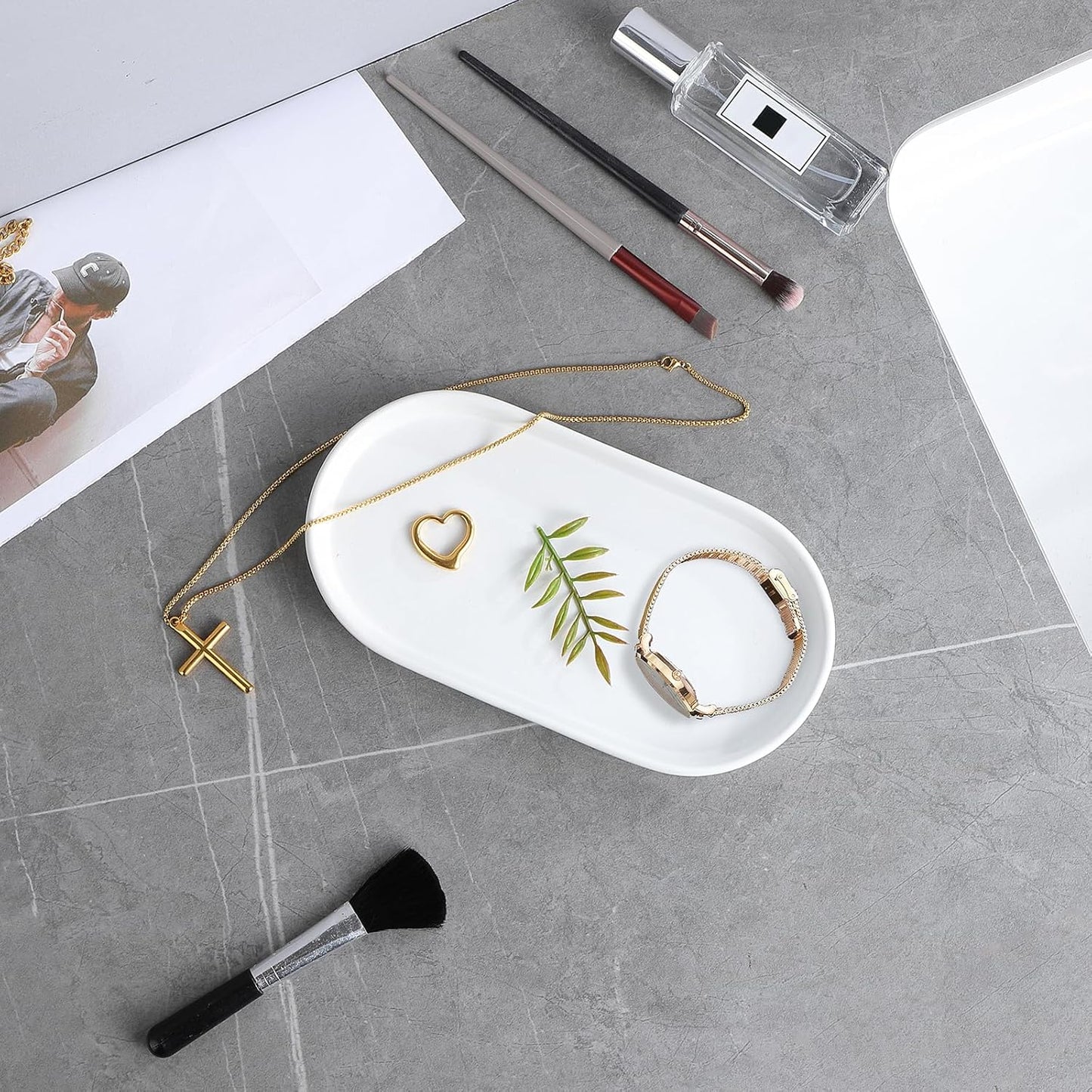 2 Pack White Round Soap Dispenser Tray - 8'' Ceramic Vanity Tray & Organizer Plate Set, Bathroom & Kitchen Countertop Decor for Soap Dispenser, Jewelry, Cosmetics, Sink