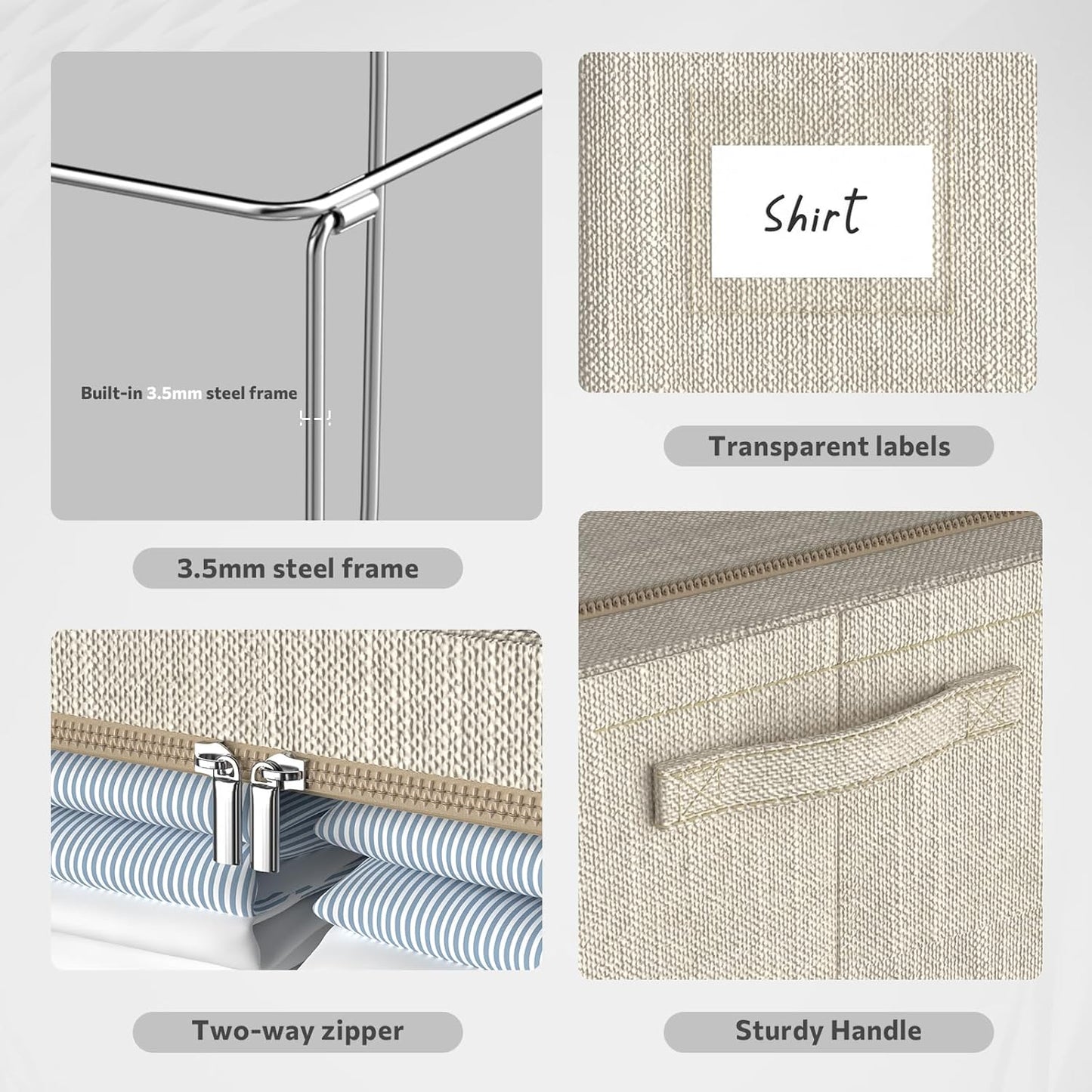 CYhom Clothes Storage Bins Box - Linen Fabric Foldable Stackable Container Organizer Set with Clear Window & Carry Handles & Metal Frame for Bedding, Blankets, Books (Beige, Medium-36L)
