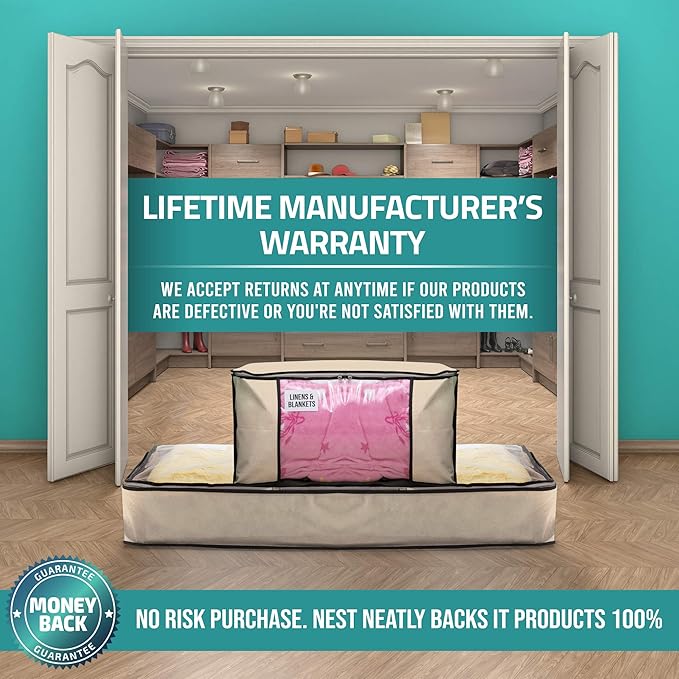 Underbed Storage Bag 2 Large Under-the-Bed Storage Containers and Organizer Bin Reinforced Handles Metal Zipper Foldable Under-Bed Storage Bags and Containers by Nest Neatly, Beige