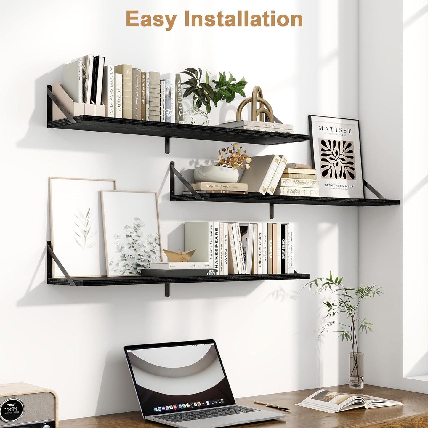 Fun Memories Long Wall Shelves for Bedroom, Set of 3 Large 40-Inch Floating Bookshelves, Rustic Wood Display Shelf for Home and Office (Black)