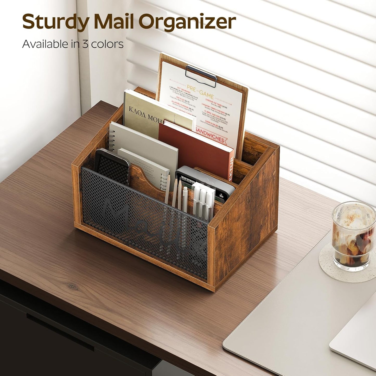 Mail Organizer Countertop, Mail Holder with 4 Slots, Mail Sorter for Desk, Wooden Office Desk Organizer, Mail Organizer for Magazines, Files, Papers, Folders, Rustic Brown and Black MR04BR