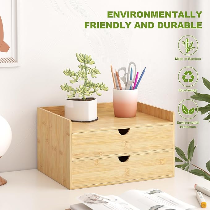 Bamboo Desk Drawer Organizer, Large Desktop Organizer with Drawers Tabletop Storage Organization Box for Office Home Toiletries Supplies Vanity, No Assembly Required (2 Drawer with Shelf)