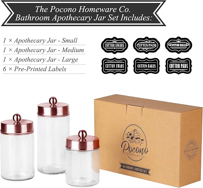 Apothecary Jars 3 Pack - Glass Bathroom Containers with Stainless Steel Lids - Rustic Farmhouse Decor Bathroom Accessories, Vanity Organizer Apothecary Jars for Qtip/Cotton Balls (Rose Gold)