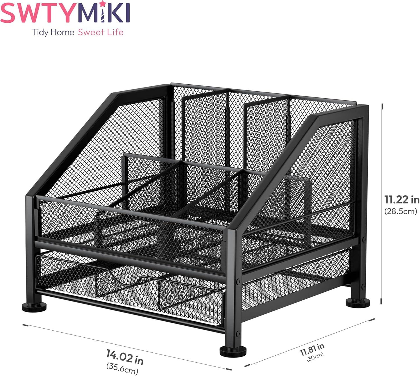 SWTYMIKI Coffee Bar Organizer for Countertop – Space-Saving Storage Rack with Drawer & Tiered Shelves, Coffee Station Organizer for Breakroom, Kitchen, Office, Cafe, Mesh Tea Condiment Storage