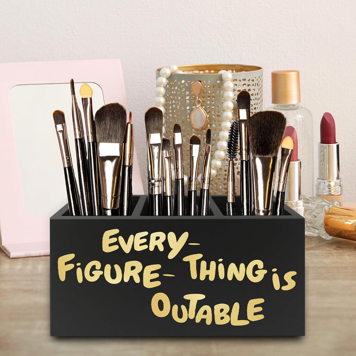 Everything Is Figureoutable Pen Pencil Holder Organizer for Desk, Inspirational Motivational Wooden Box Signs Decorations for Home Office Desk Tabletop, Inspirational Gifts