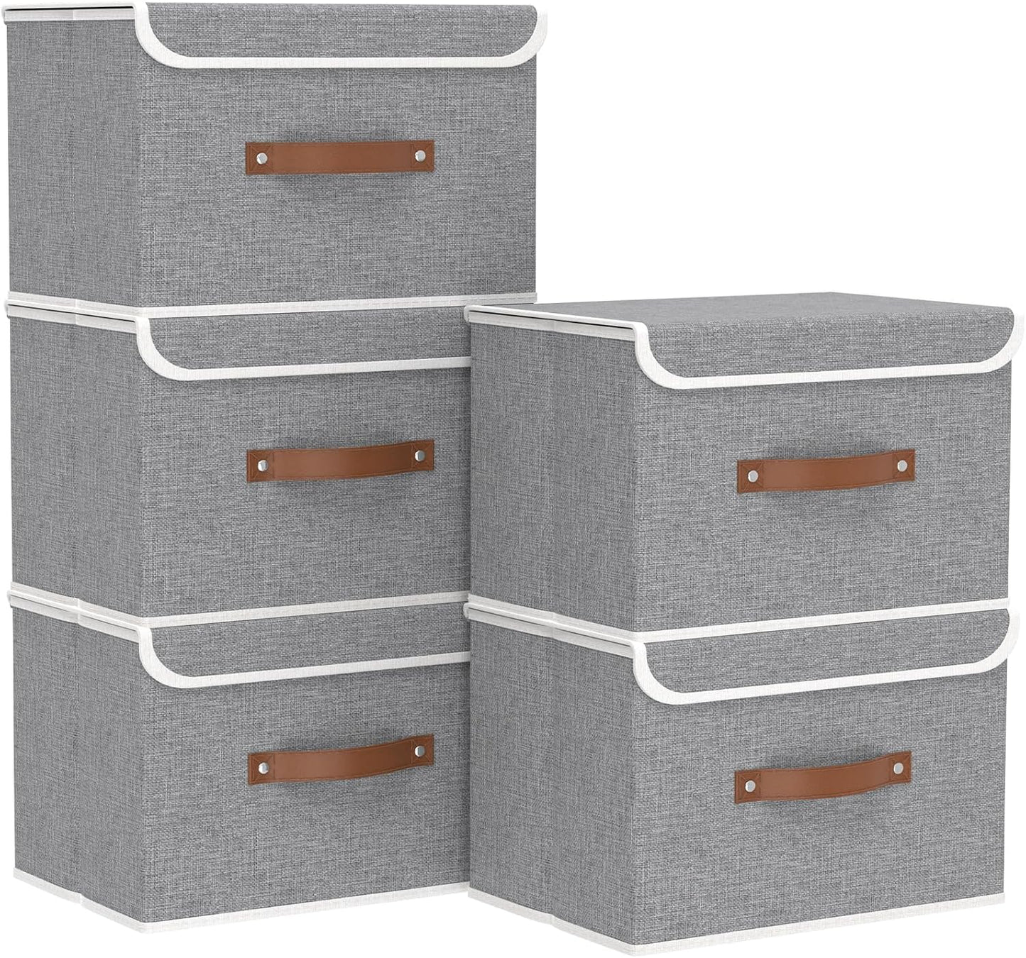 Yawinhe Storage Bins with Lids, Closet Baskets, Washable and Leather Handle, Collapsible Boxes for Home, Grey, 17.7''Lx11.8''Wx11.8''H, 5-Pack, USNK024GX-5