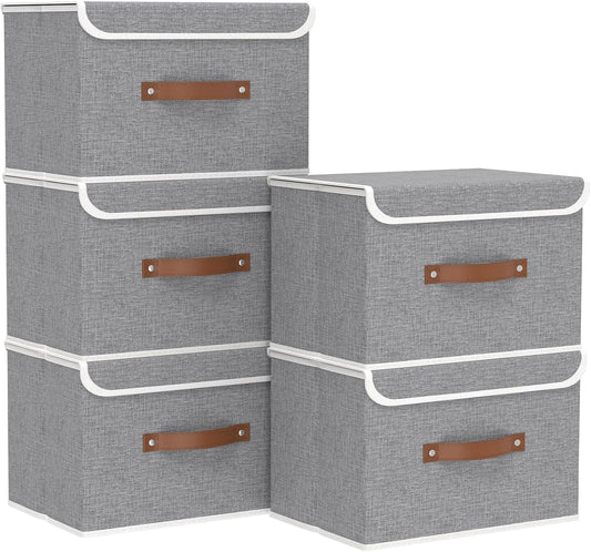Yawinhe Storage Bins with Lids, Closet Baskets, Washable and Leather Handle, Collapsible Boxes for Home, Grey, 17.7''Lx11.8''Wx11.8''H, 5-Pack, USNK024GX-5