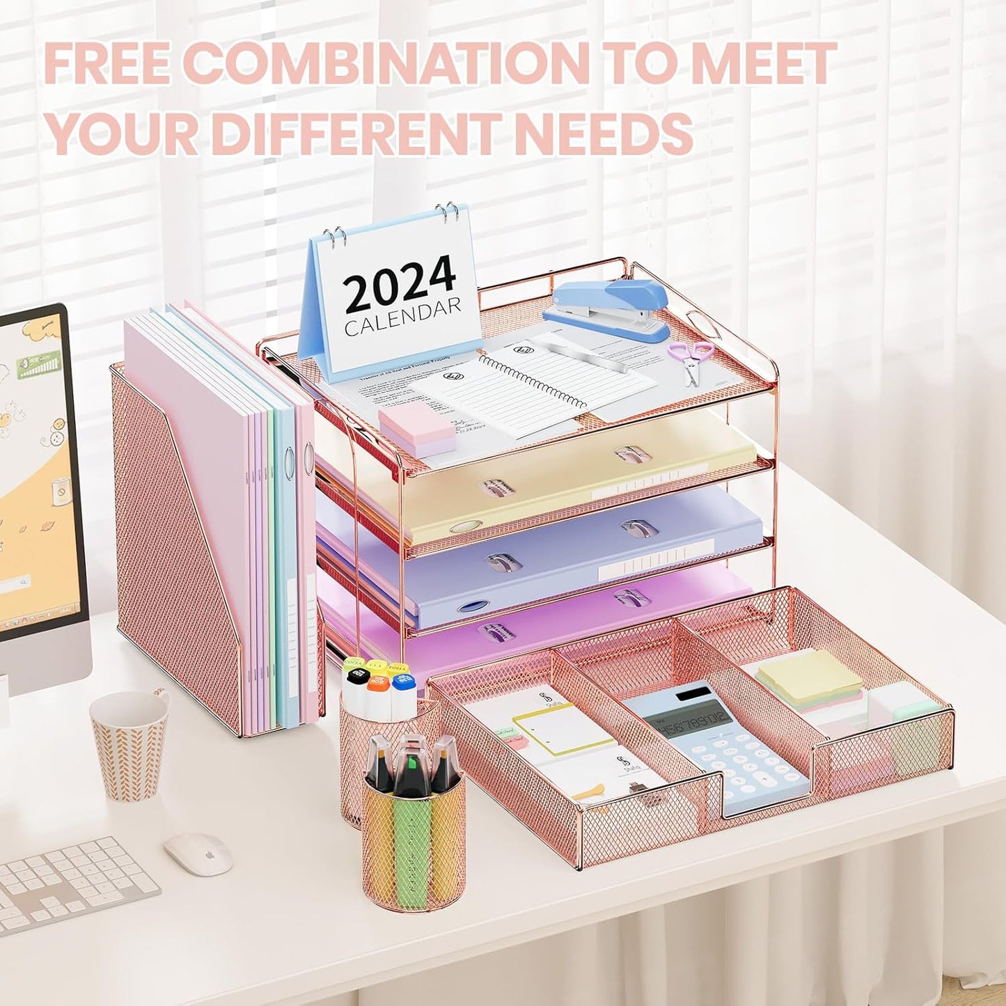 Desk Organizer and Accessories, 4-Tier Desktop File Organizer with Drawer and 2 Pen Holders, Office Desk Accessories, File Sorters, Workspace Organizers for Office Supplies(Rose Gold)