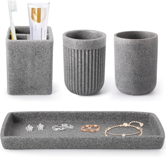 Resin Matte Gray Bathroom Toothbrush Cups Set with Holder and Tray, 4 Pcs Bathroom Accessories Set Counter Organizer for Sink Home Decor