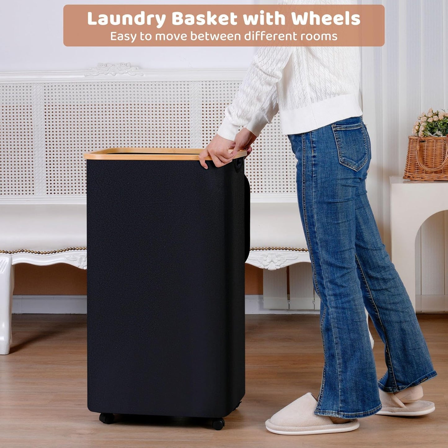 110L Laundry Basket with Wheels,Clothes Hamper for Laundry,Laundry Hamper with Lid and Inner Bag, for Laundry Room, Bedroom, Dormitory Storage,Black