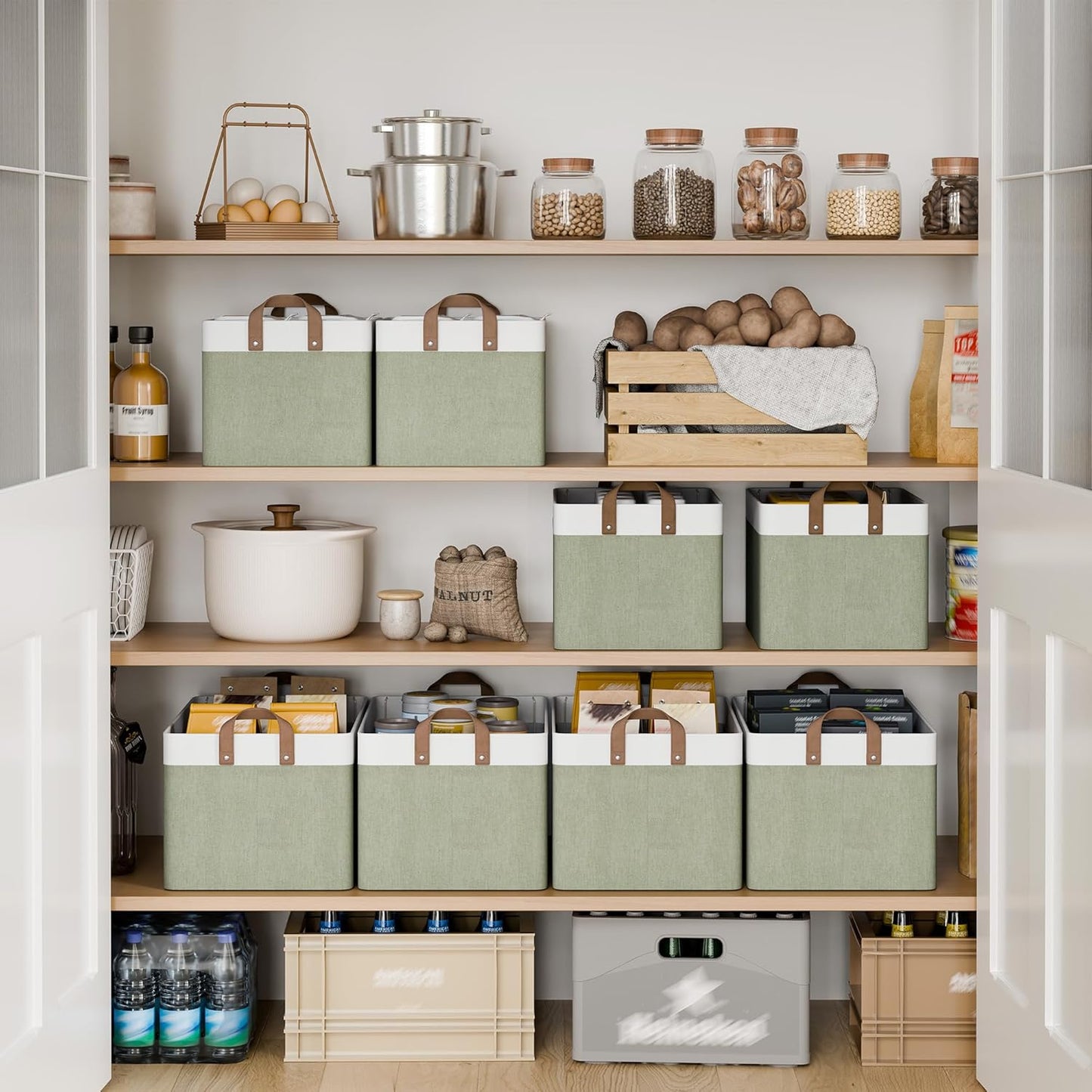 StorageWorks Storage Bins, Fabric Storage Bins for Shelves, Large Storage Baskets with Metal Frame, Closet Baskets and Bins with Handles, Green and White, 2-Pack