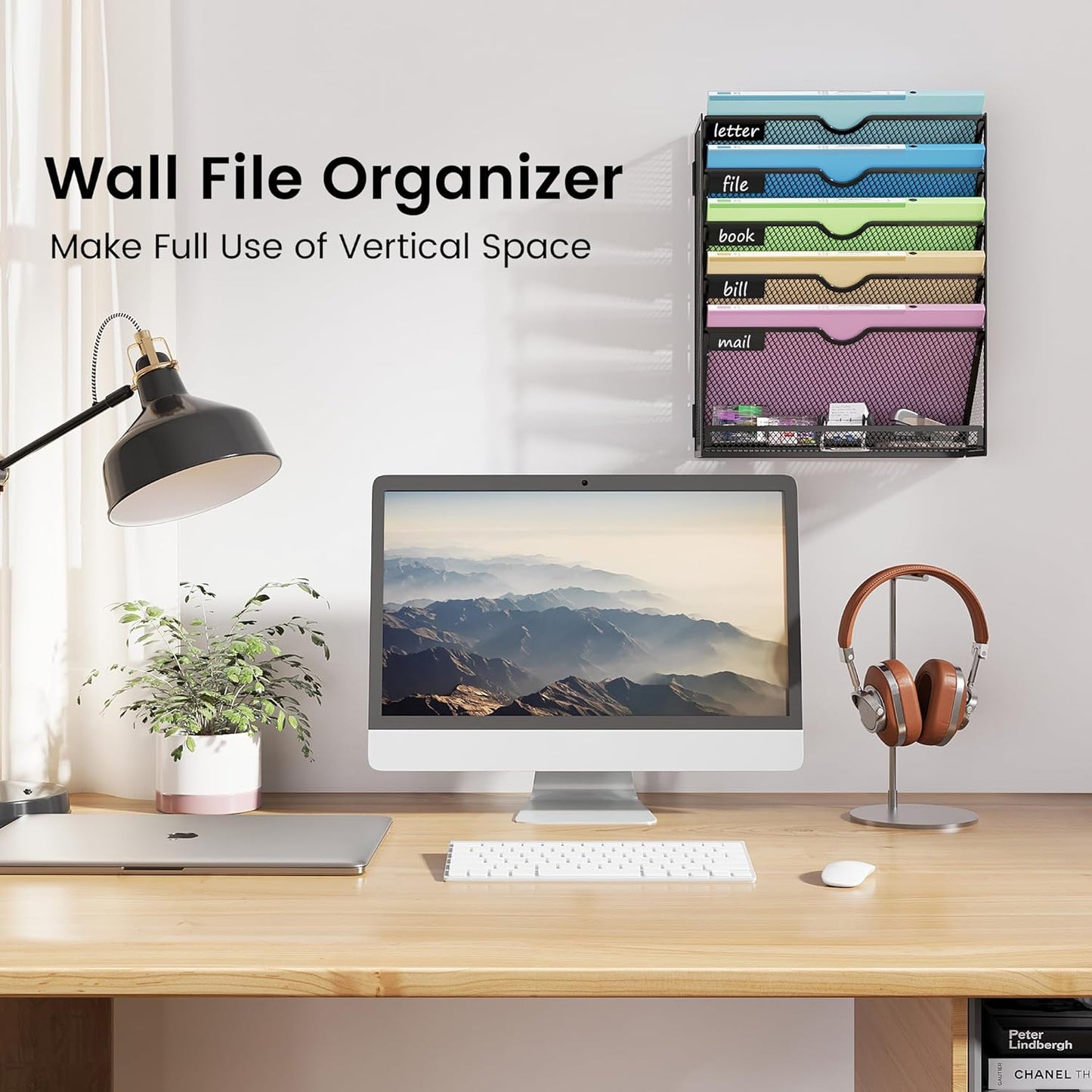 Hanging Wall File Organizer for Wall Mounted Mail Paper Folder Holder Document Organization Stand Desk File Organizer Tray for Office & Home Cubicle Countertop 6 Tier Black