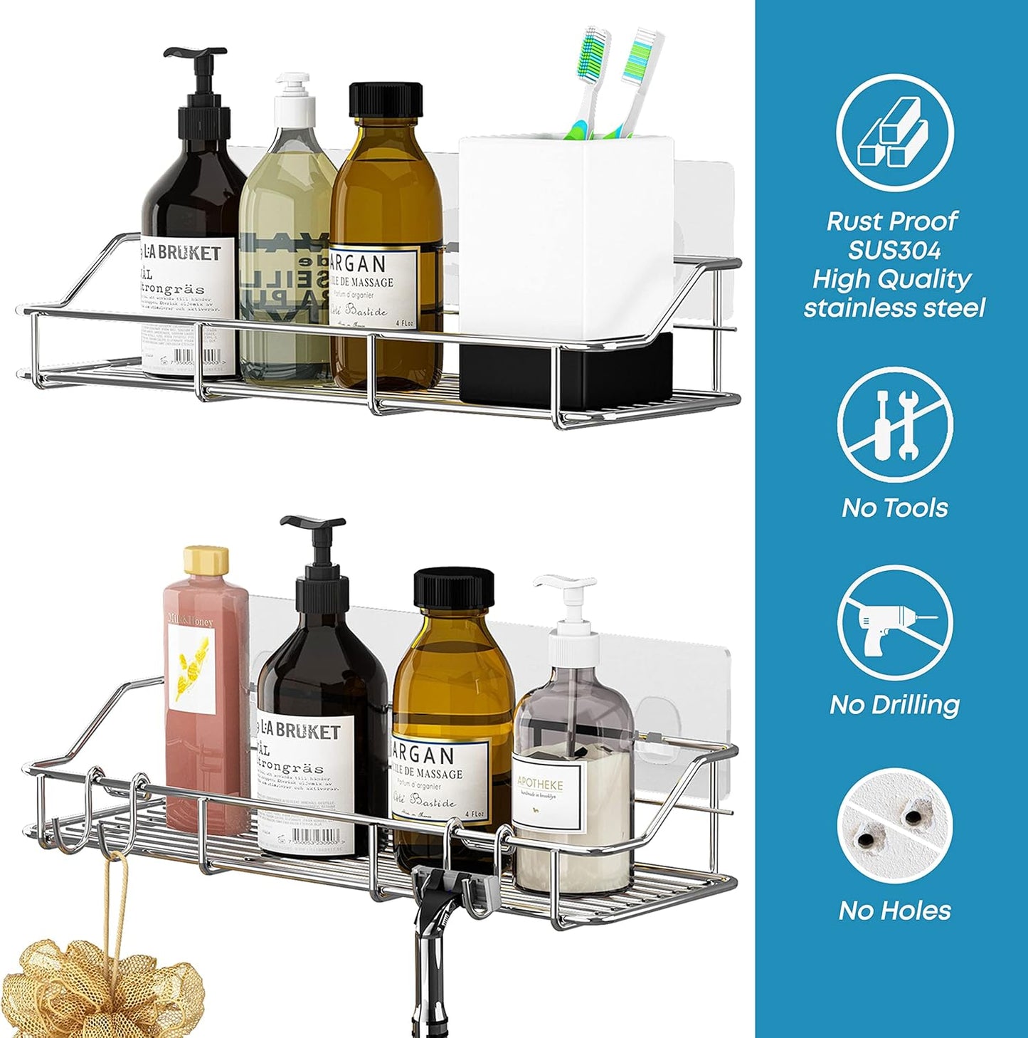 KESOL Adhesive Shower Caddy Shower Shelf Organizer for Bathroom Organization with Hooks, SUS304 Stainless Steel, 2 Pack (Silver)