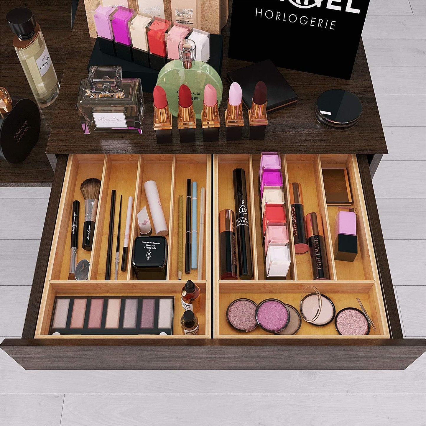 BAMEOS Utensil Drawer Organizer, Cutlery Tray Desk, Silverware Holder Kitchen Knives Tray, 100% Pure Bamboo Cutlery in Natural Color (9.75)