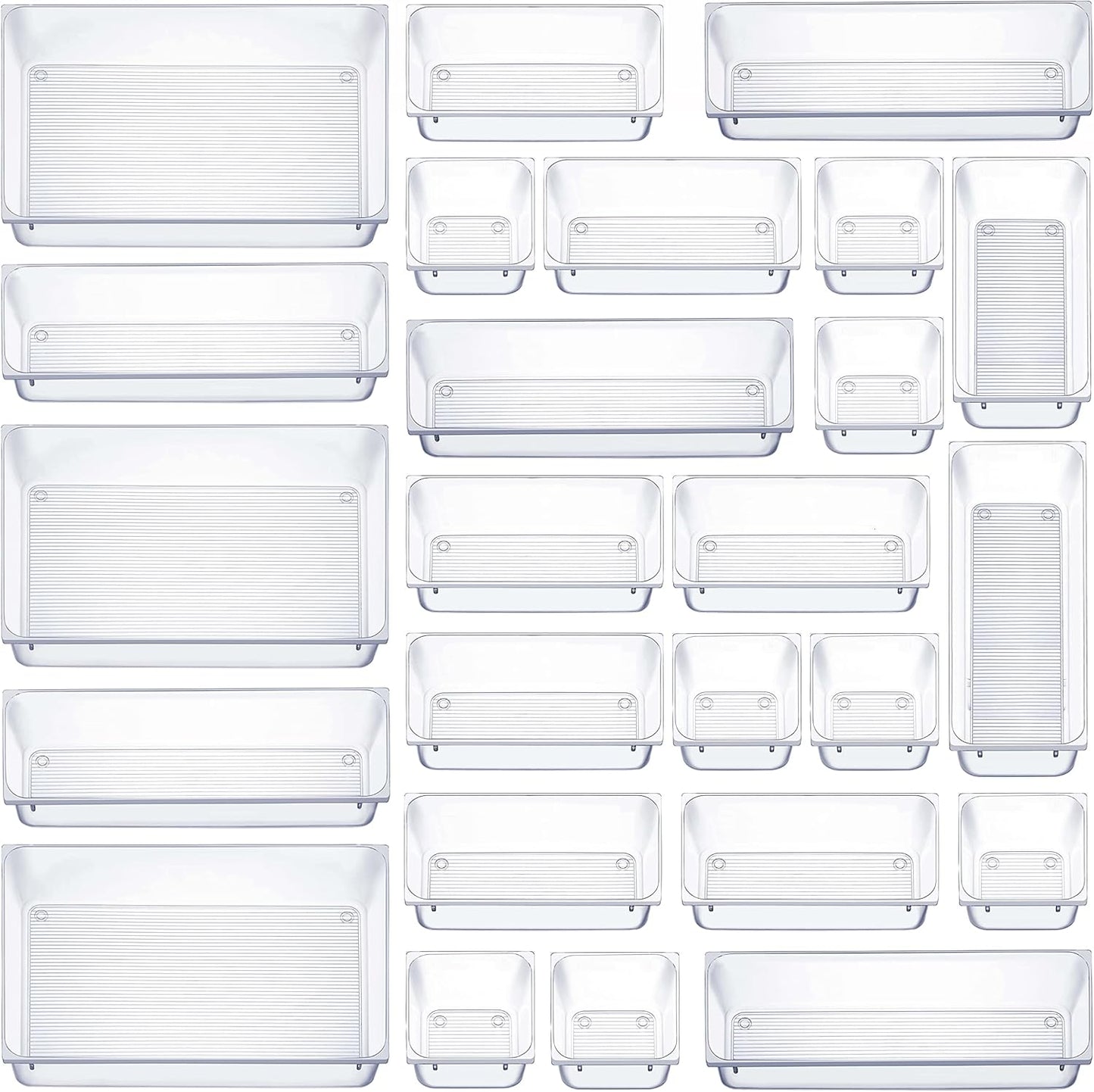 25 PCS Clear Plastic Drawer Organizers Set, 4-Size Versatile Bathroom and Vanity Drawer Organizer Trays, Storage Bins for Makeup, Bedroom, Kitchen Gadgets Utensils and Office Accessories