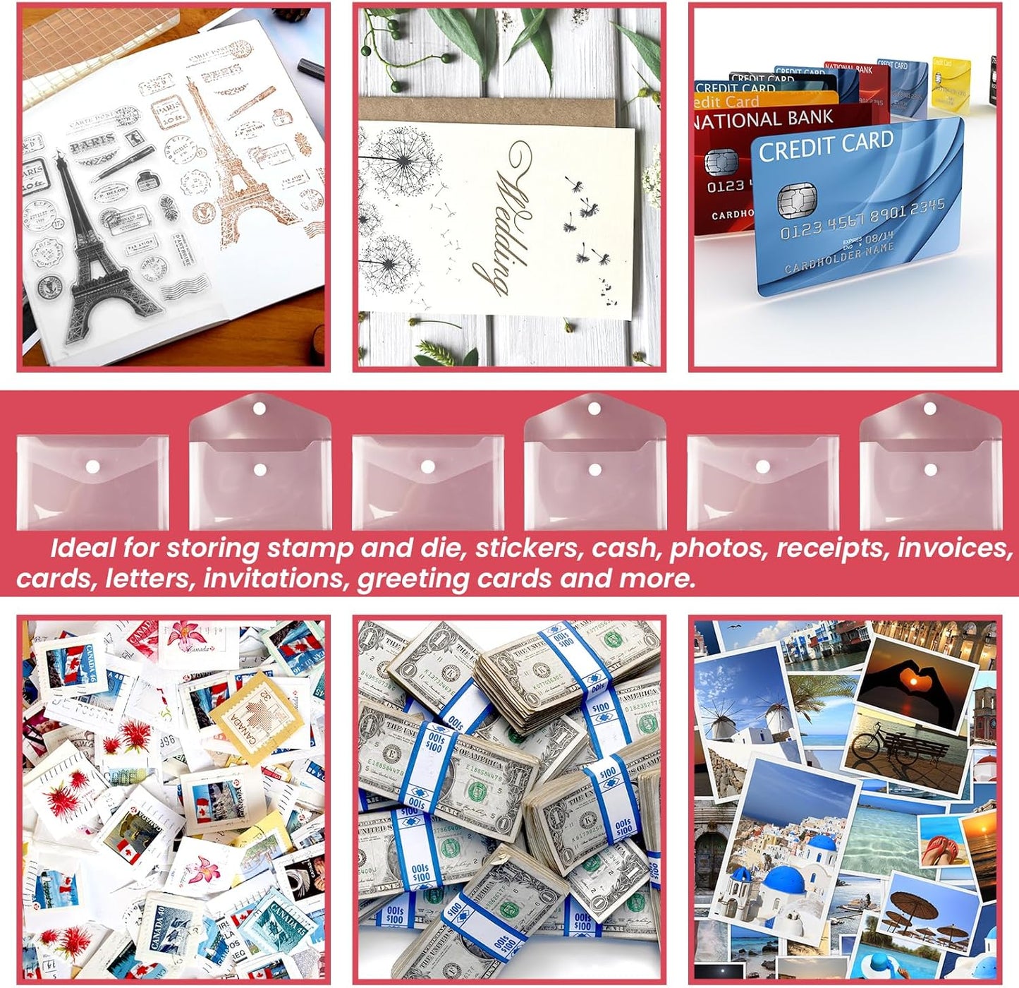 Vmiapxo 40 Pack Stamp and Die Storage Pockets, Reusable Small Plastic Envelopes Waterproof Sticker Organizer Receipt Holder Photo Storage Folders (4" x 6")