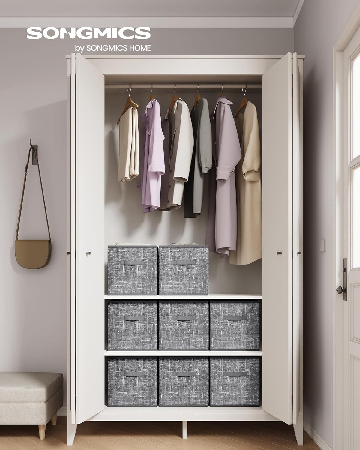 SONGMICS Storage Cubes, 13 x 13 x 13 Inches Non-Woven Fabric Bins with Double Handles, Set of 8, Closet Organizers for Shelves, Foldable, for Clothes, Cattail Gray UROB833G01