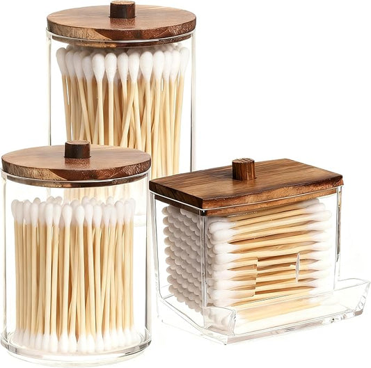 AXX Qtip Dispenser Apothecary Jars Bathroom - Qtip Holder Storage Canister Clear Plastic Jar for Cotton Swab,Q-Tips,Cotton Rounds (C#Brown 3Pcs)