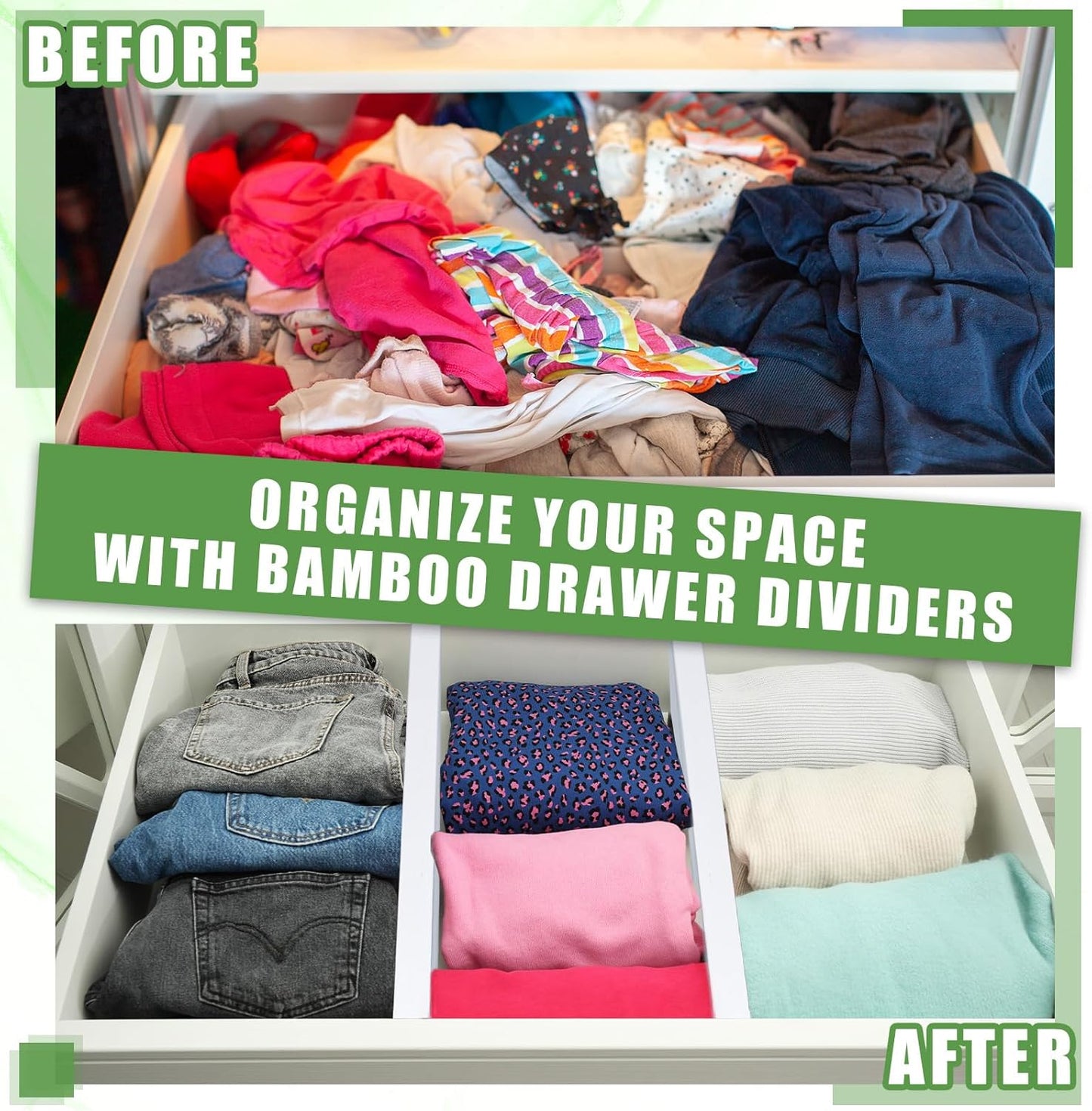 4 Pcs Deep Bamboo Drawer Dividers, Deep Kitchen Dresser Drawer Organizer with Spring Loaded for Clothes, Adjustable Expandable from 15-22 Inch(6 Inch,White)