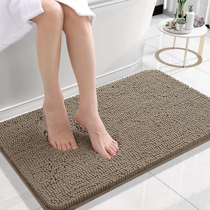 OLANLY Bathroom Rugs 24x16, Extra Soft Absorbent Chenille Bath Rugs, Rubber Backing Quick Dry, Machine Washable Bath Mats for Bathroom Floor, Tub and Shower, Home Decor Accessories, Tan