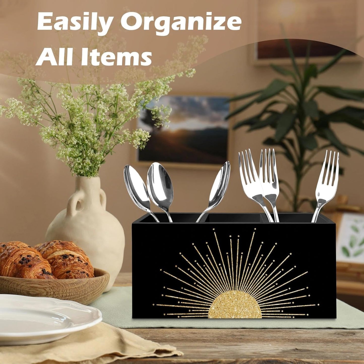 DILSJ Boho Abstract Golden Sunshine Pen Pencil Holder Organizer for Desk, Boho Office Decor, Mid Century Modern Minimalist Abstract Sunshine Wooden Box Signs for Home Office Desk Tabletop Decoration