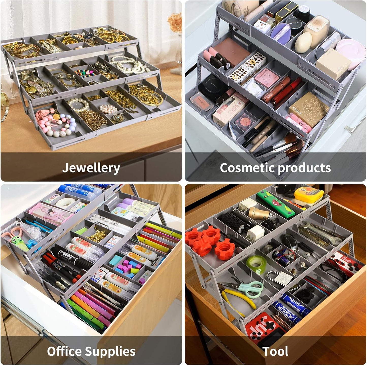 3 Tierr - Expandable Junk - Small - Multi Level Folding Smart for Makeup, Jewelry, Desk, Office Drawers(1 Row 3 Tier-Grey）