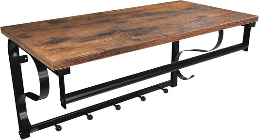 VASAGLE Coat Rack Wall Mount, Wall Hooks with Shelf, Hanging Rail, 5 Hooks, for Entryway, Bathroom, Laundry Room, Rustic Brown and Black ULCR11BX