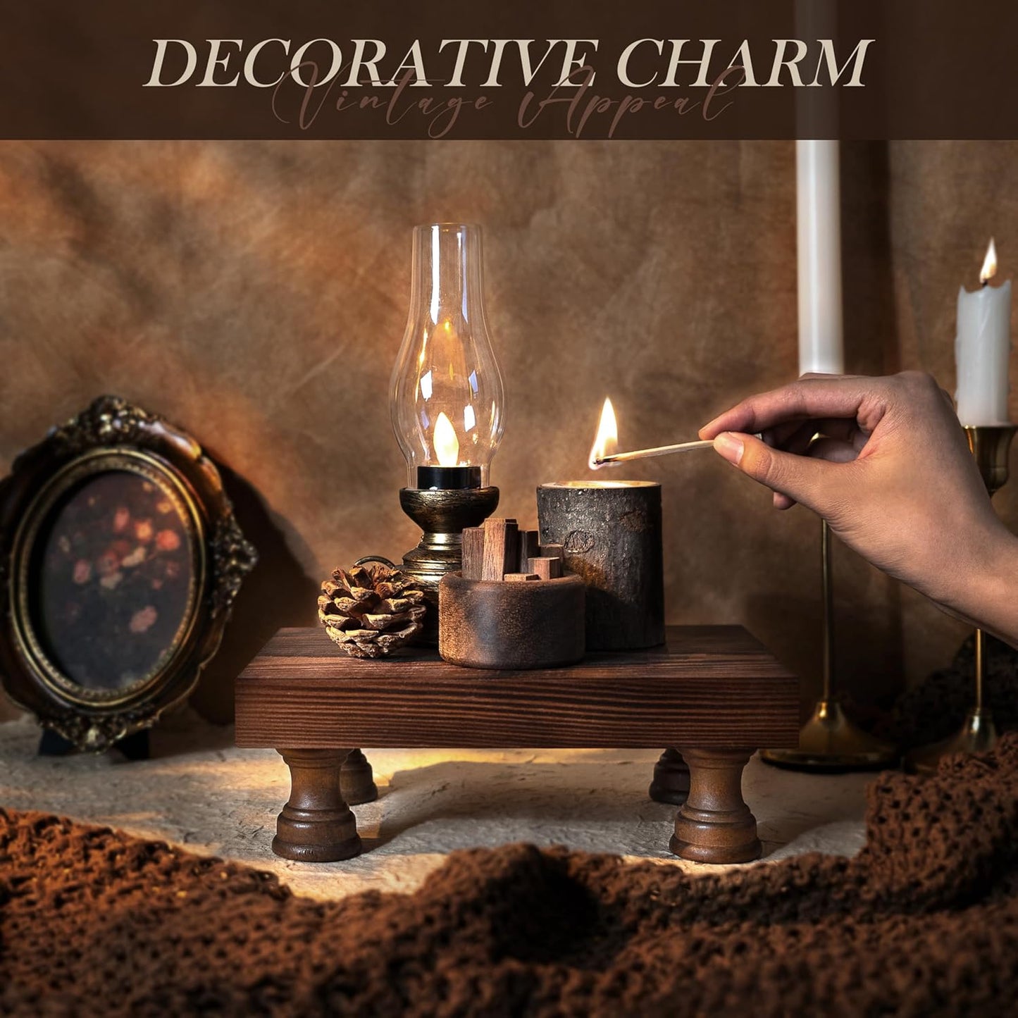 EOSAHR Farmhouse Pine Wood Risers for Decor in Kitchen & Bathroom - Risers Display Stands for Home Decor - Stylish Perfume Organizer for Placing Soap Dispenser on Small Vanity (Brown, 8.5")