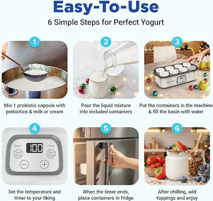 Ultimate Probiotic Yogurt Maker with Adjustable Temperature & Time Control - Make Trillions of Live Probiotics & Get Better Gut Health - ULTIMATE LIFETIME WARRANTY - Wellness Gifts for Men & Women