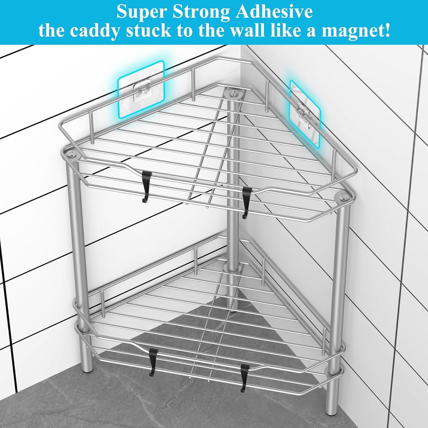 2 Tier Floor Standing Corner Shower Caddy Organizer Shelf with Hooks, Bathroom Shelves Stand Rack, Gray