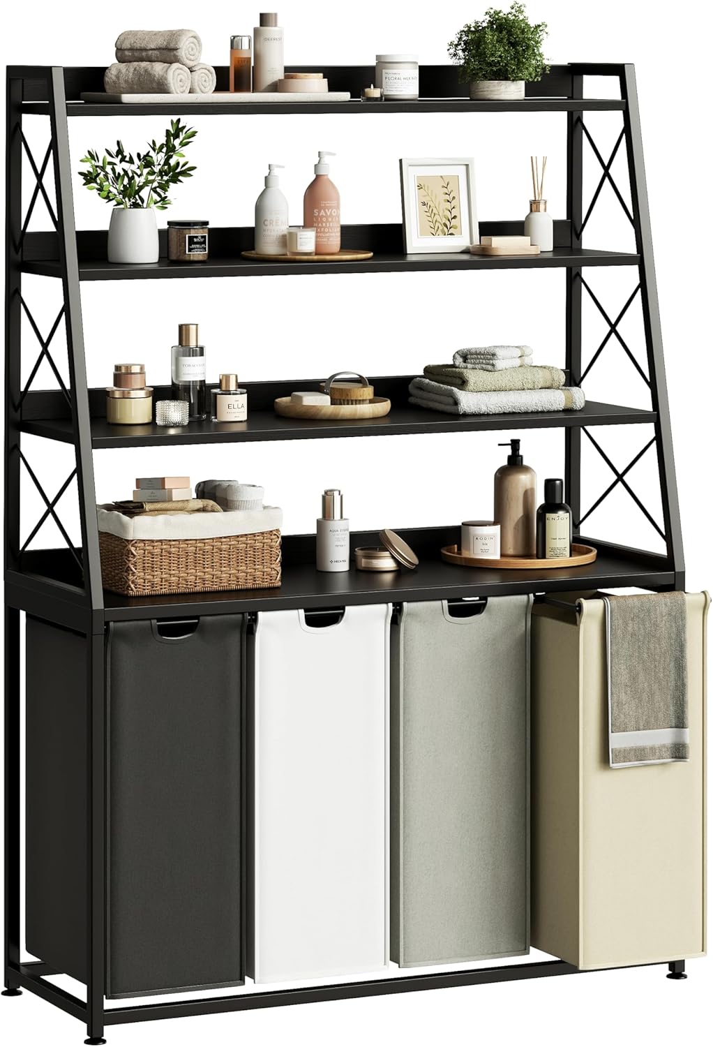 Laundry Basket, 4 Section Laundry Hamper with 4 Tiers Shelf, Pull-Out and Removable Laundry Bags, Large 4 x 15.87 Gallons, for Laundry Room Bathroom Black PF12XLK