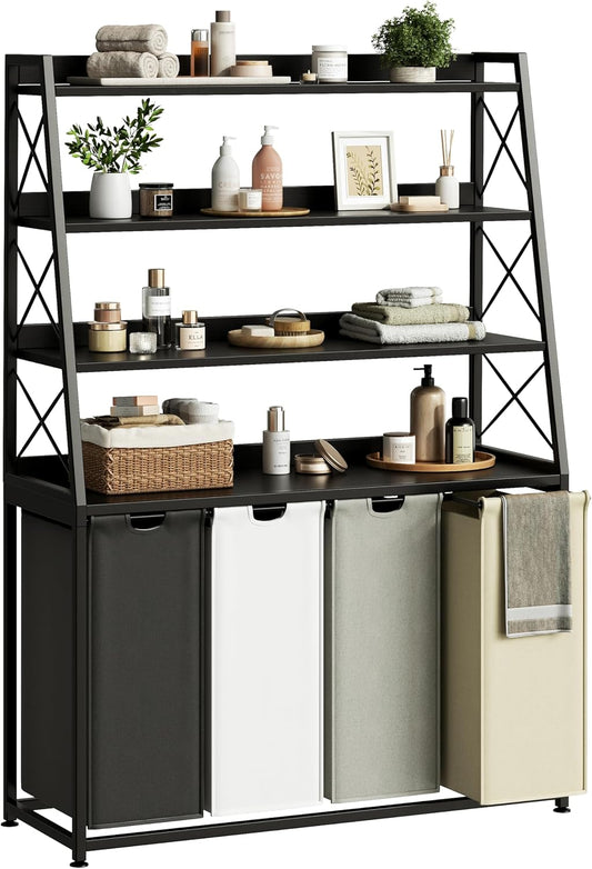 Laundry Basket, 4 Section Laundry Hamper with 4 Tiers Shelf, Pull-Out and Removable Laundry Bags, Large 4 x 15.87 Gallons, for Laundry Room Bathroom Black PF12XLK