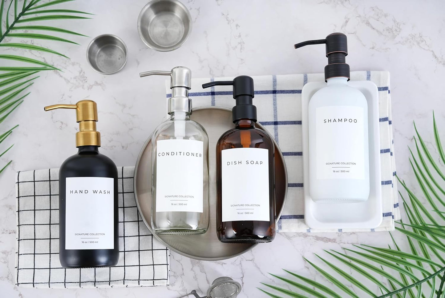 Emerson Essentials Soap Dispenser, Dish Bottles for Kitchen - Soap Bathroom Set, Glass Bottle Dispenser with Pump and Labels, 16 Oz | 2-Pack