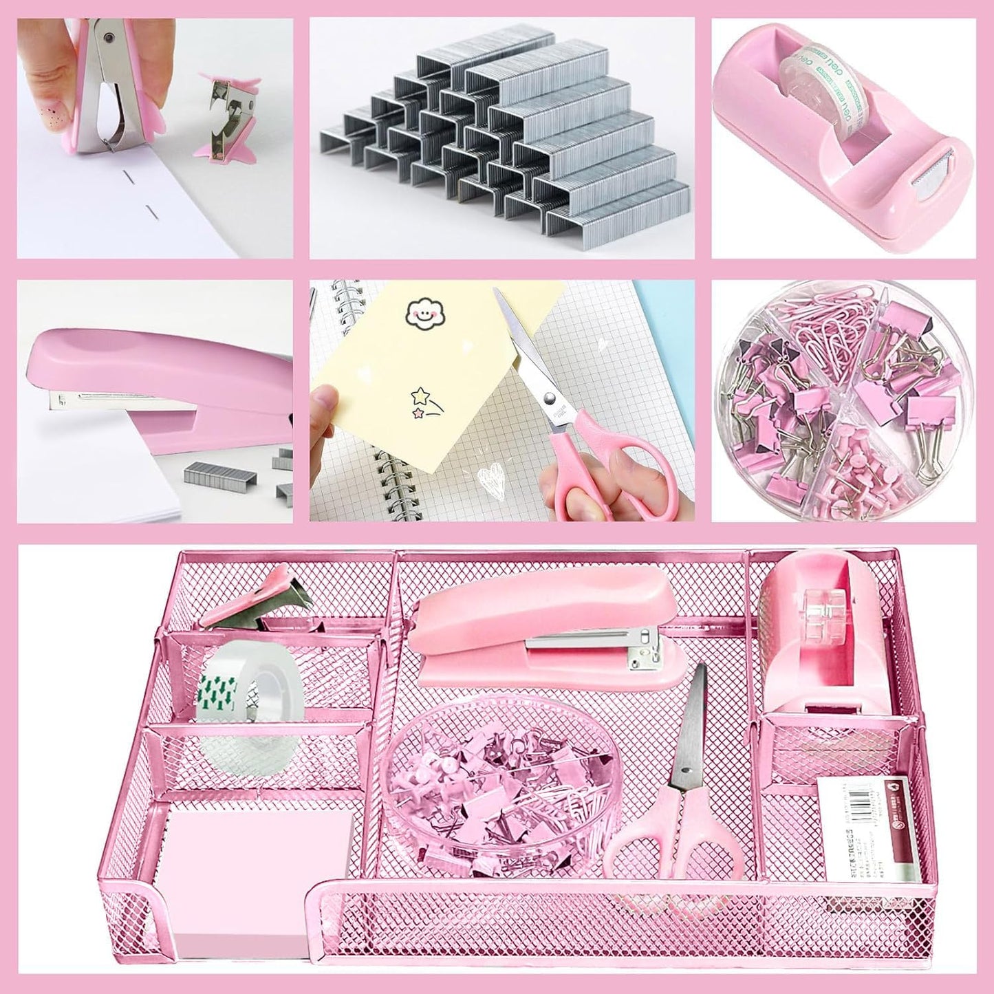 Pink Office Desk Accessories, Pink Office Supplies Set, Desk Drawer Organizer,Stapler and Tape Dispenser Set,Tape,Staple Remover, Staples, Paper Clips, Scissor and Sticky Note