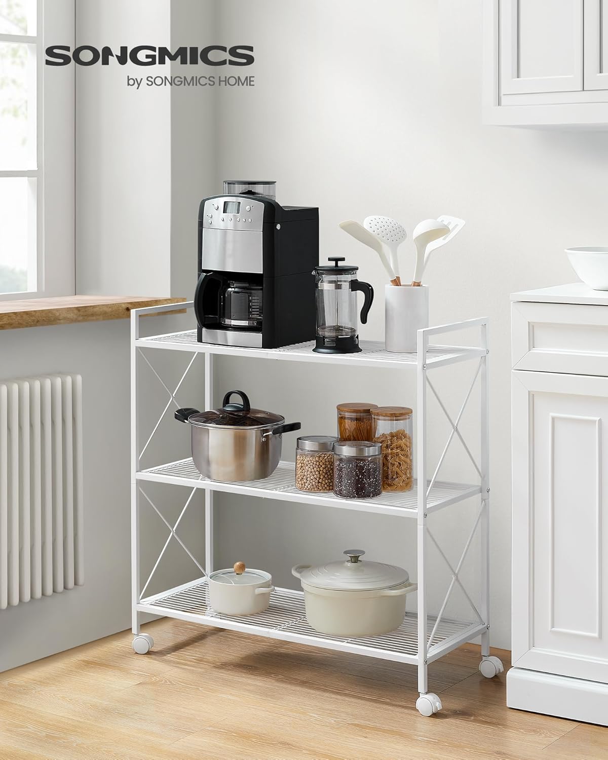 SONGMICS 3-Tier Metal Storage Rack with Wheels, Mesh Shelving Unit with X Side Frames, 31.5-Inch Width, for Entryway, Kitchen, Living Room, Bathroom, Industrial Style, White UBSC183W01