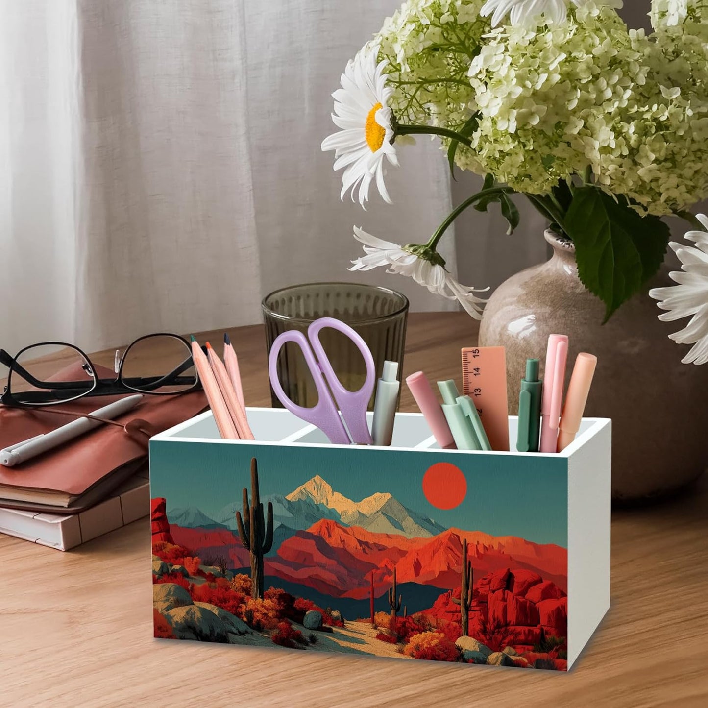 DILSJ Western Boho Pen Pencil Holder Organizer for Desk, Boho Office Decor, Western Mountain Desert Cactus Landscape Wooden Box Signs for Home Office Desk Tabletop Decoration